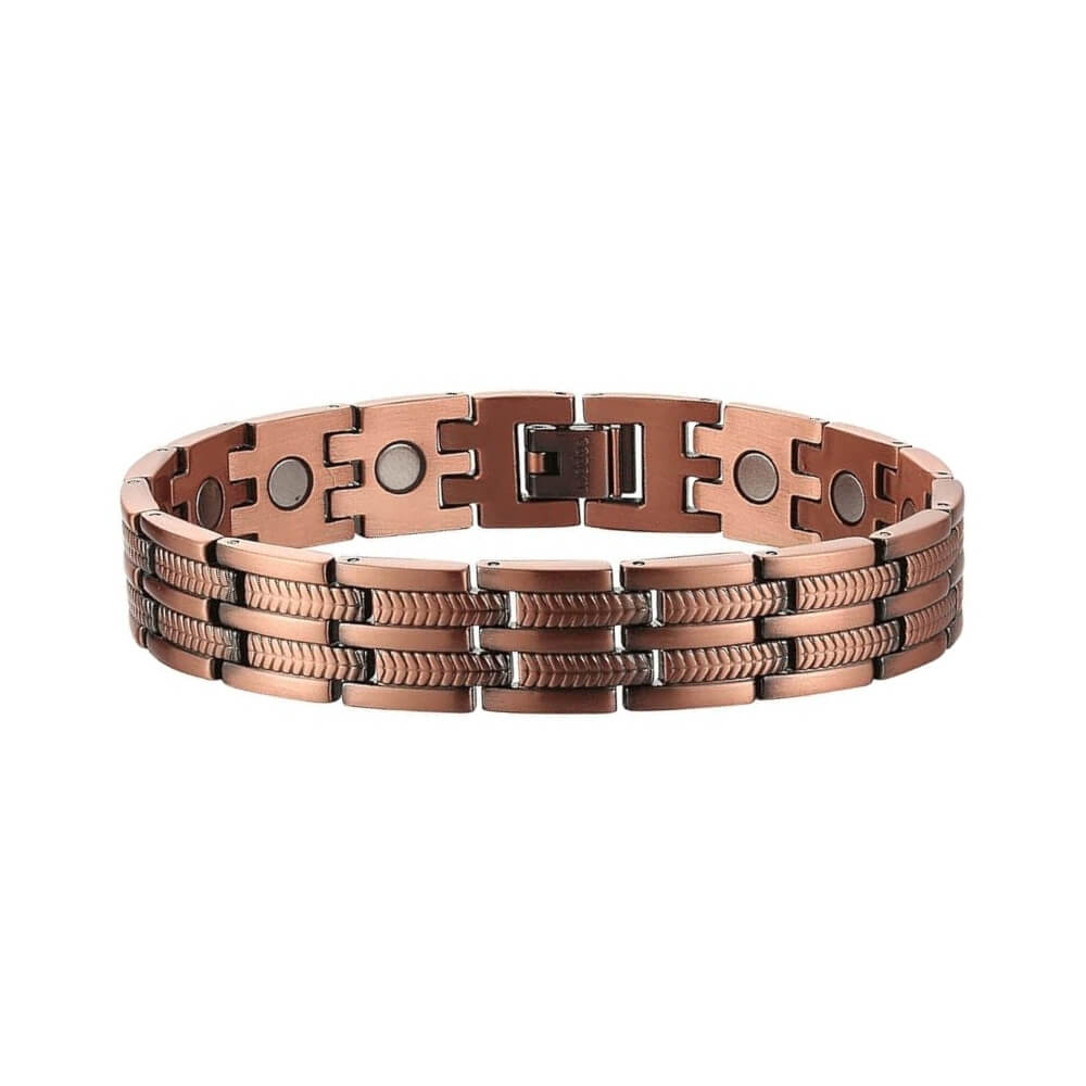 Photo sur fond blanc d'un bracelet magnétique en cuivre de couleur bronze pour femme.